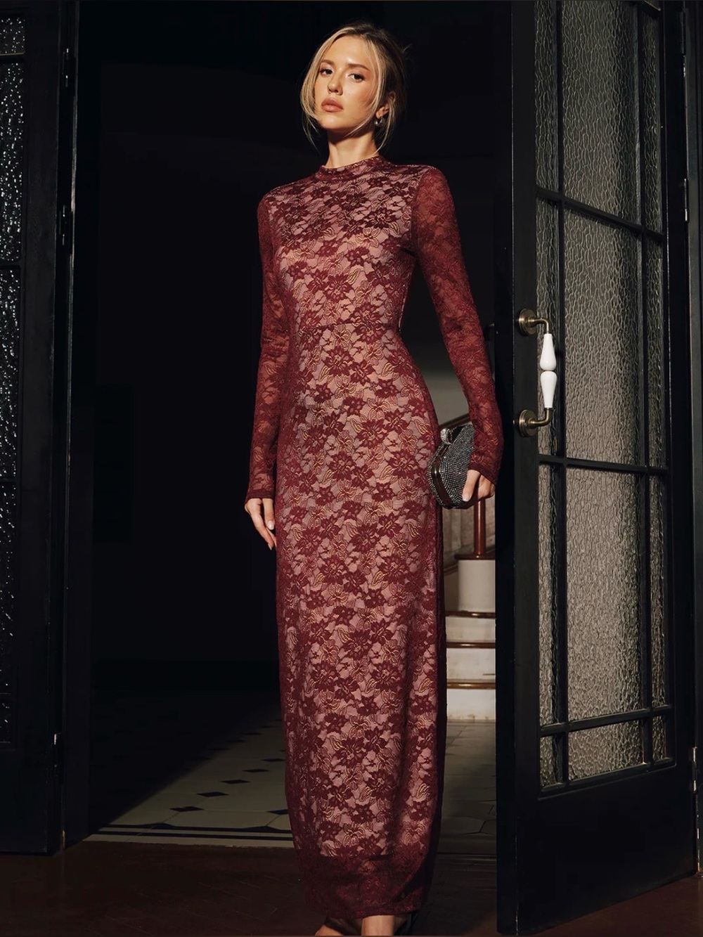 Commense Burgundy Floral Lace Long-Sleeve Maxi Dress